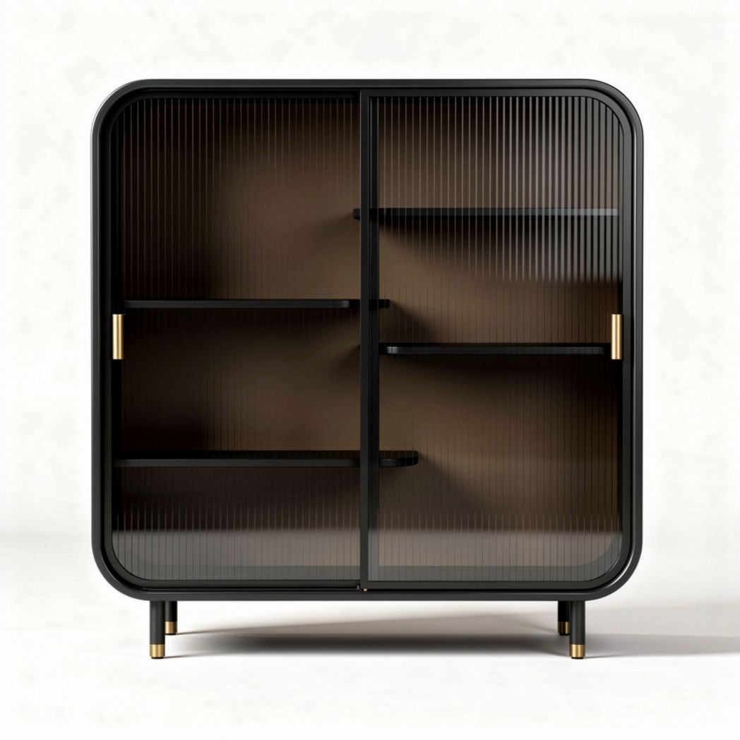 Glass display cabinet with ribbed doors and black finish 80 x 40 x 85cm