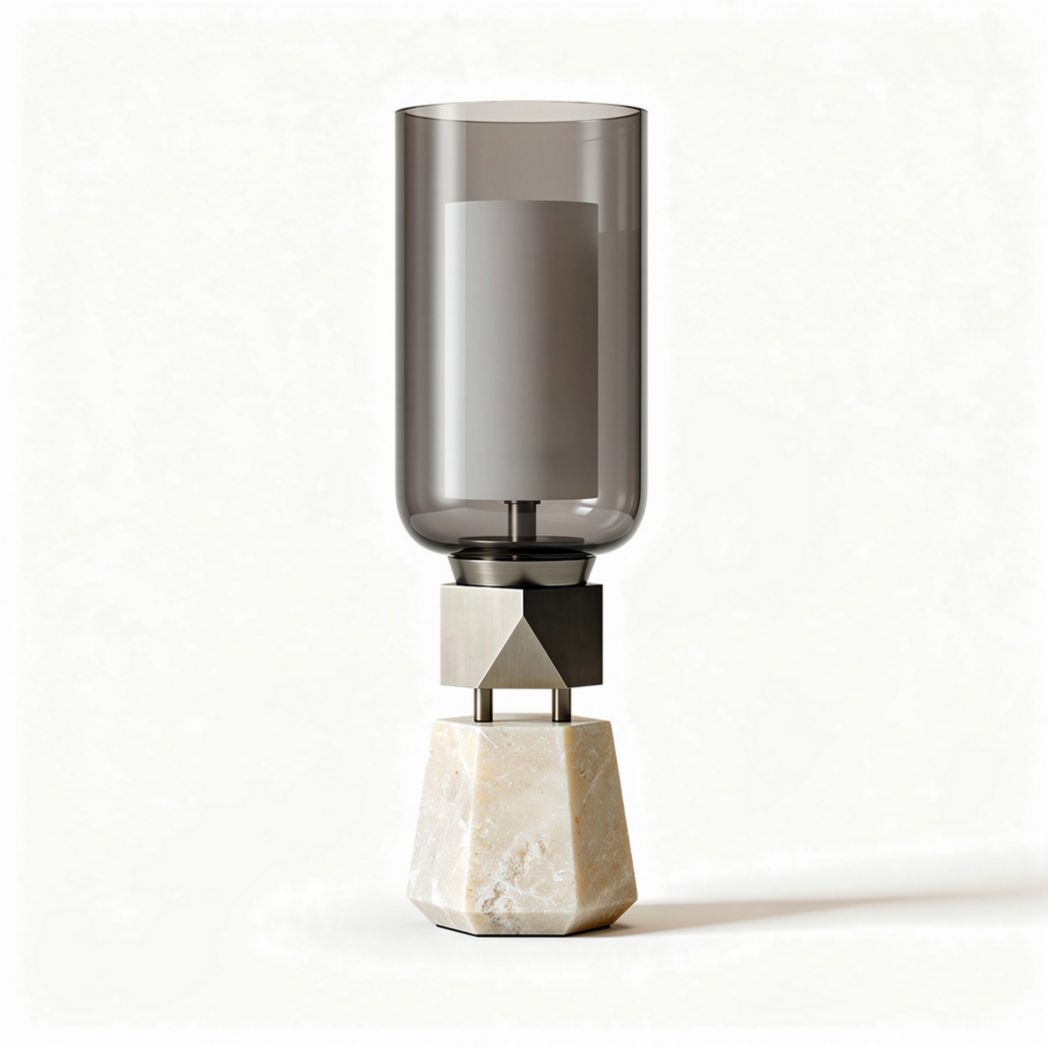 Smoky glass table lamp with geometric stone base 25 x 10 x 40cm