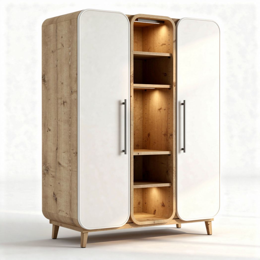 Wooden wardrobe with white doors and open shelves 180 x 100 x 40cm