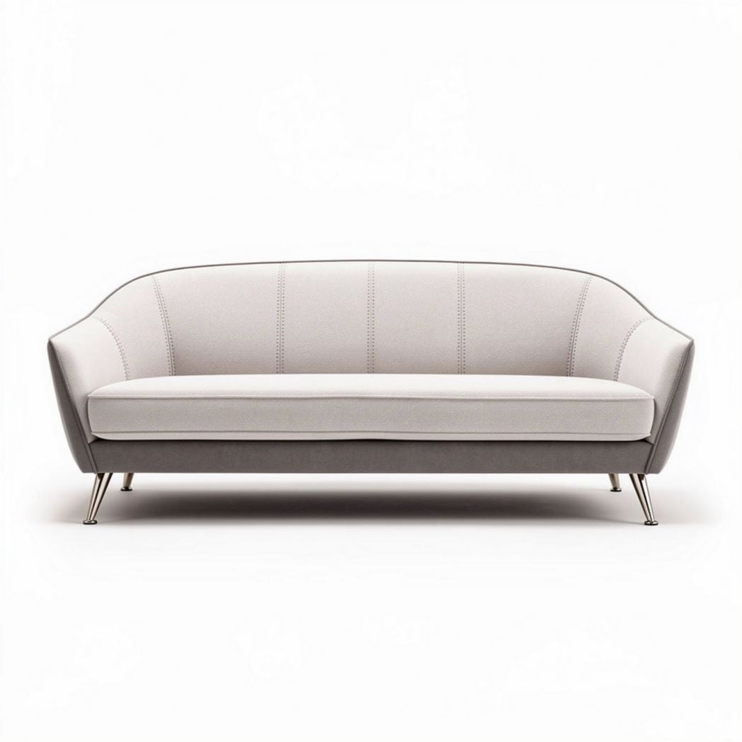 Modern curved sofa in light gray fabric with chrome legs 200 x 90 x 80cm