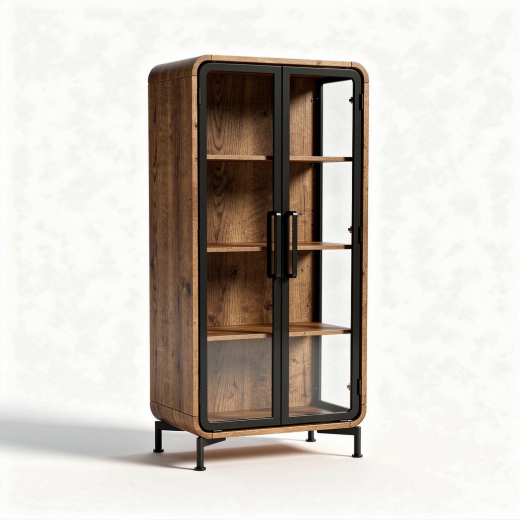 Glass door cabinet with wooden shelves and black metal frame 90 x 40 x 180cm