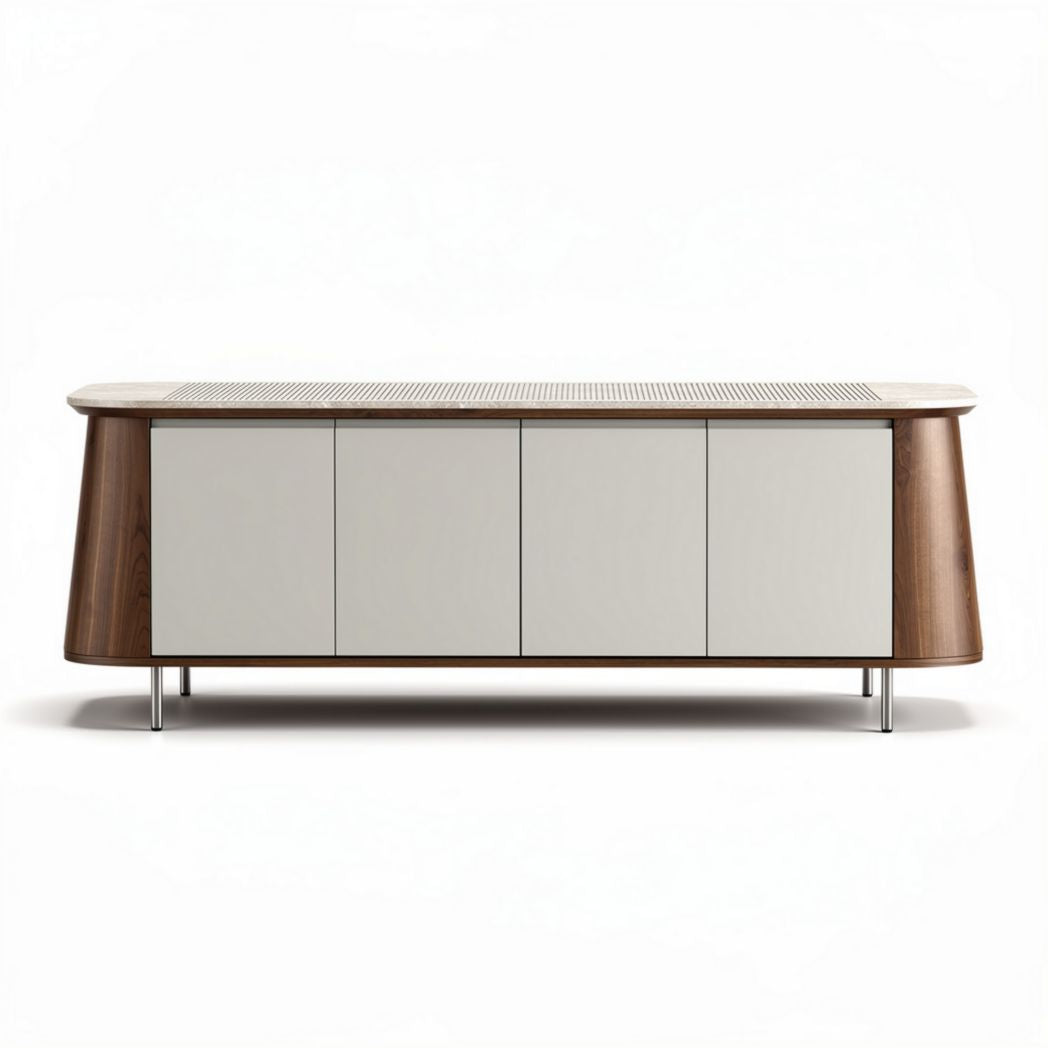 Wooden entertainment center with four doors and metal legs 64 x 16 x 28 inches