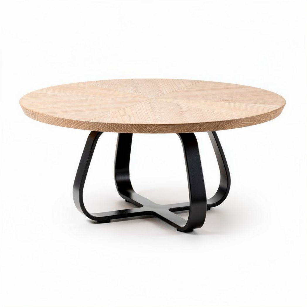 Round coffee table with wooden top and black metal base 80 x 80 x 40cm