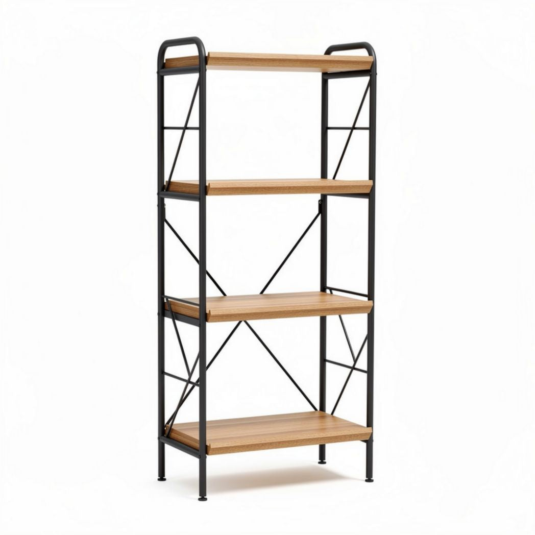 Wooden shelf unit with black metal frame for living room storage 80 x 30 x 150cm